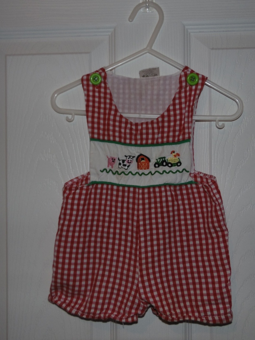 Baby Boy Smocked Farm Jon Jon Romper 12-18M | Red Gingham Shortall